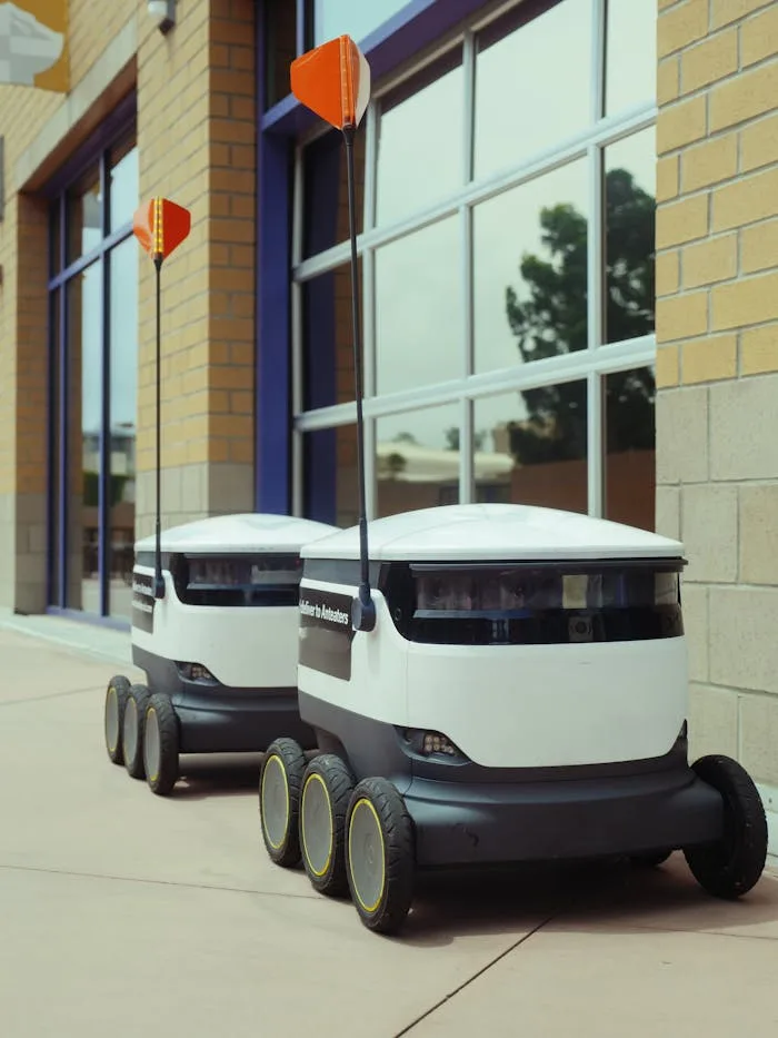 Futuristic food delivery robots operating autonomously outdoors.